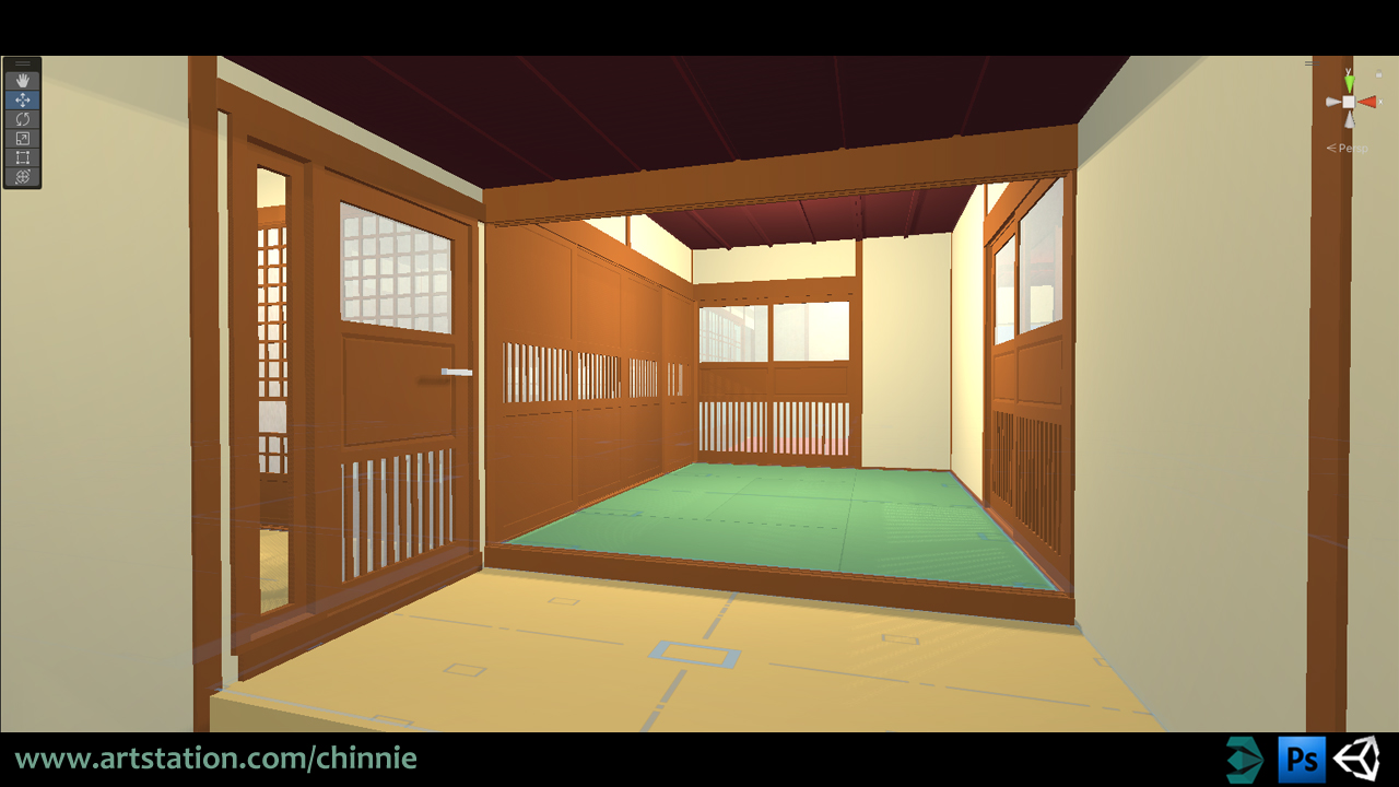 A view of Japanese genkan, or a step-up entry way, for a virtual-reality personal project.