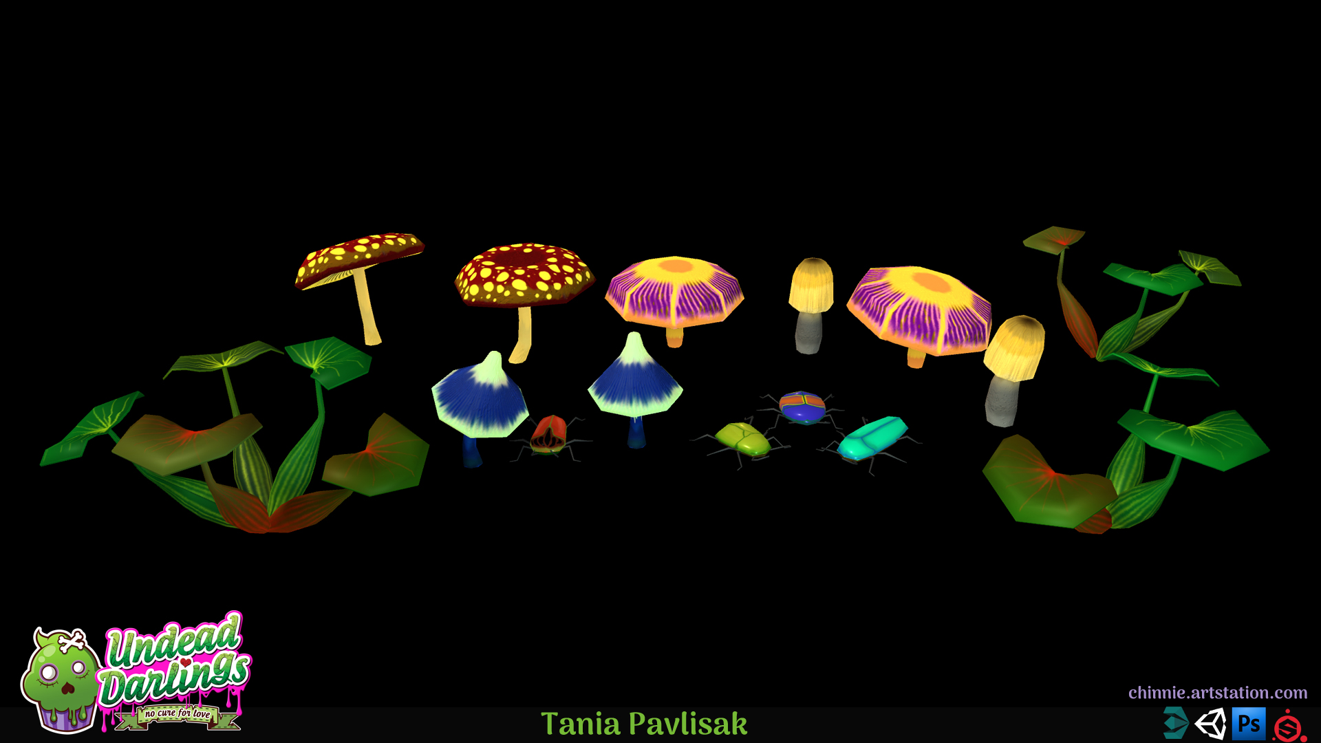 Some glowing mushrooms, bugs and hyacinth plants to brighten up the gloomy sewer level.