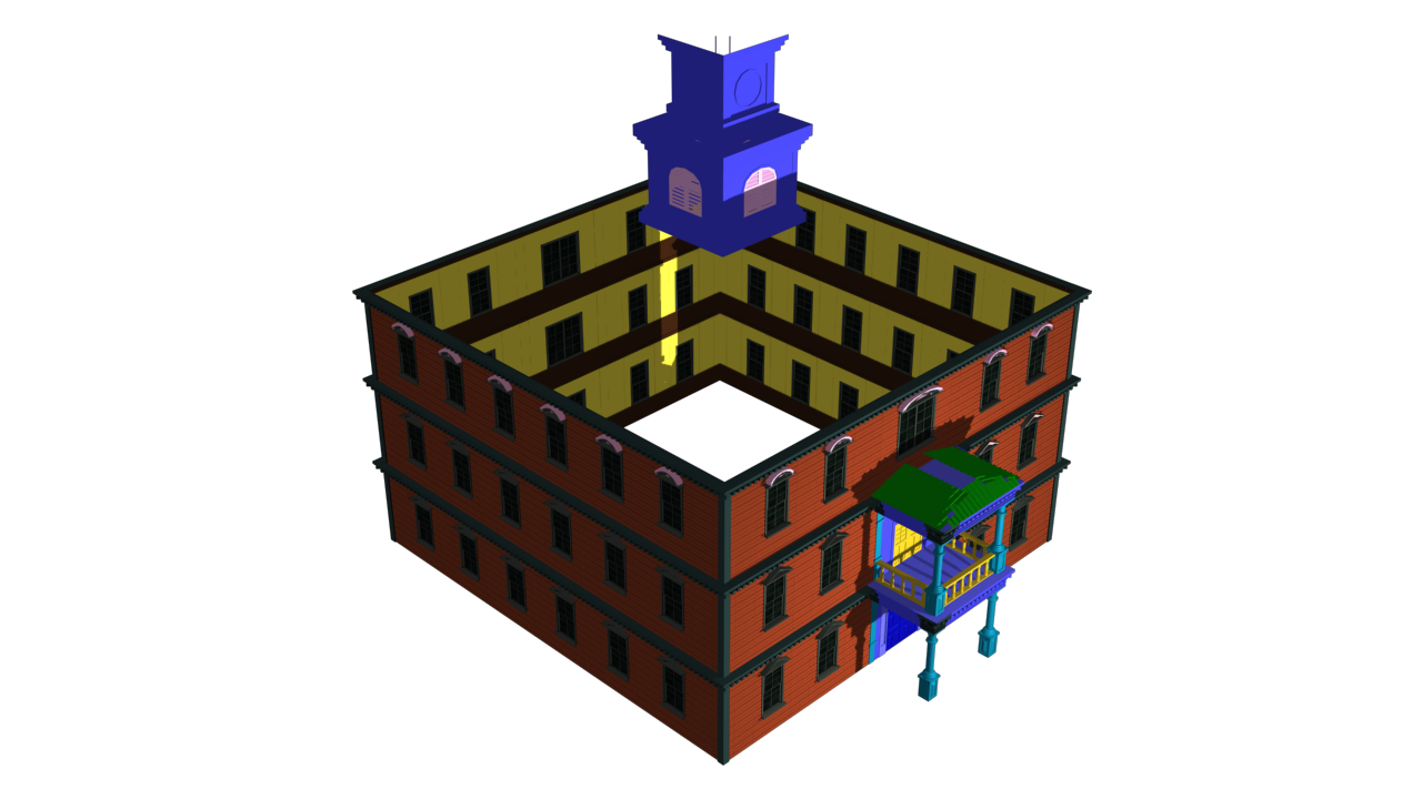 Isometric view of building exterior, minus the roof.