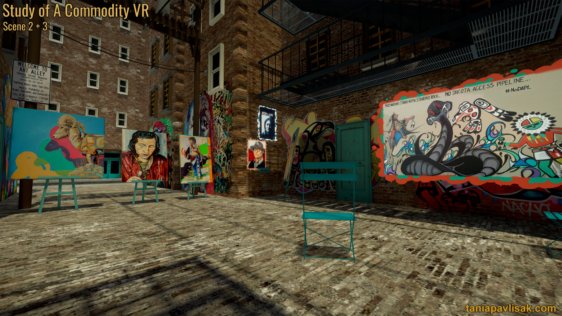 View of an art alley, with street art and a mini-gallery of Louis Still Smoking's artworks.