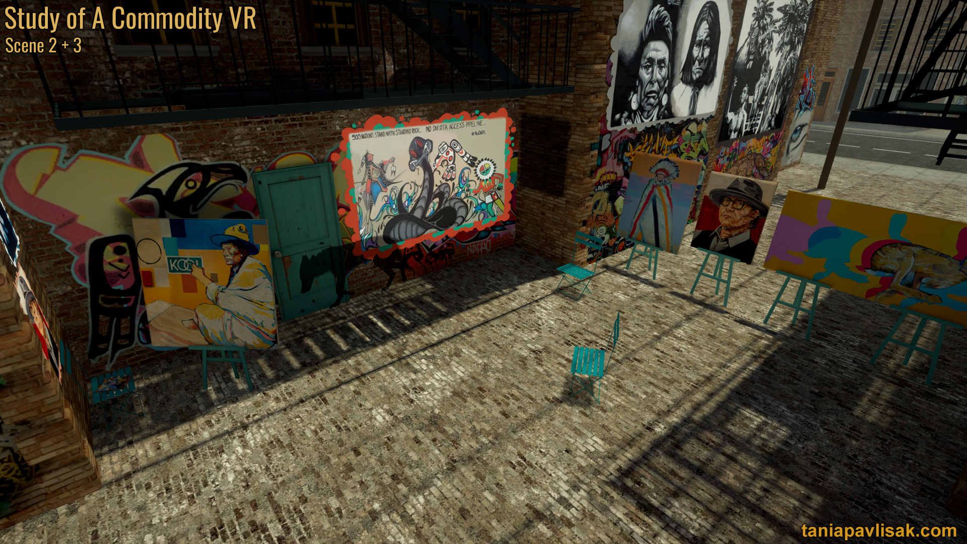 View of an art alley, with street art and a mini-gallery of Louis Still Smoking's artworks, including unfinished Study of a Commodity painting.