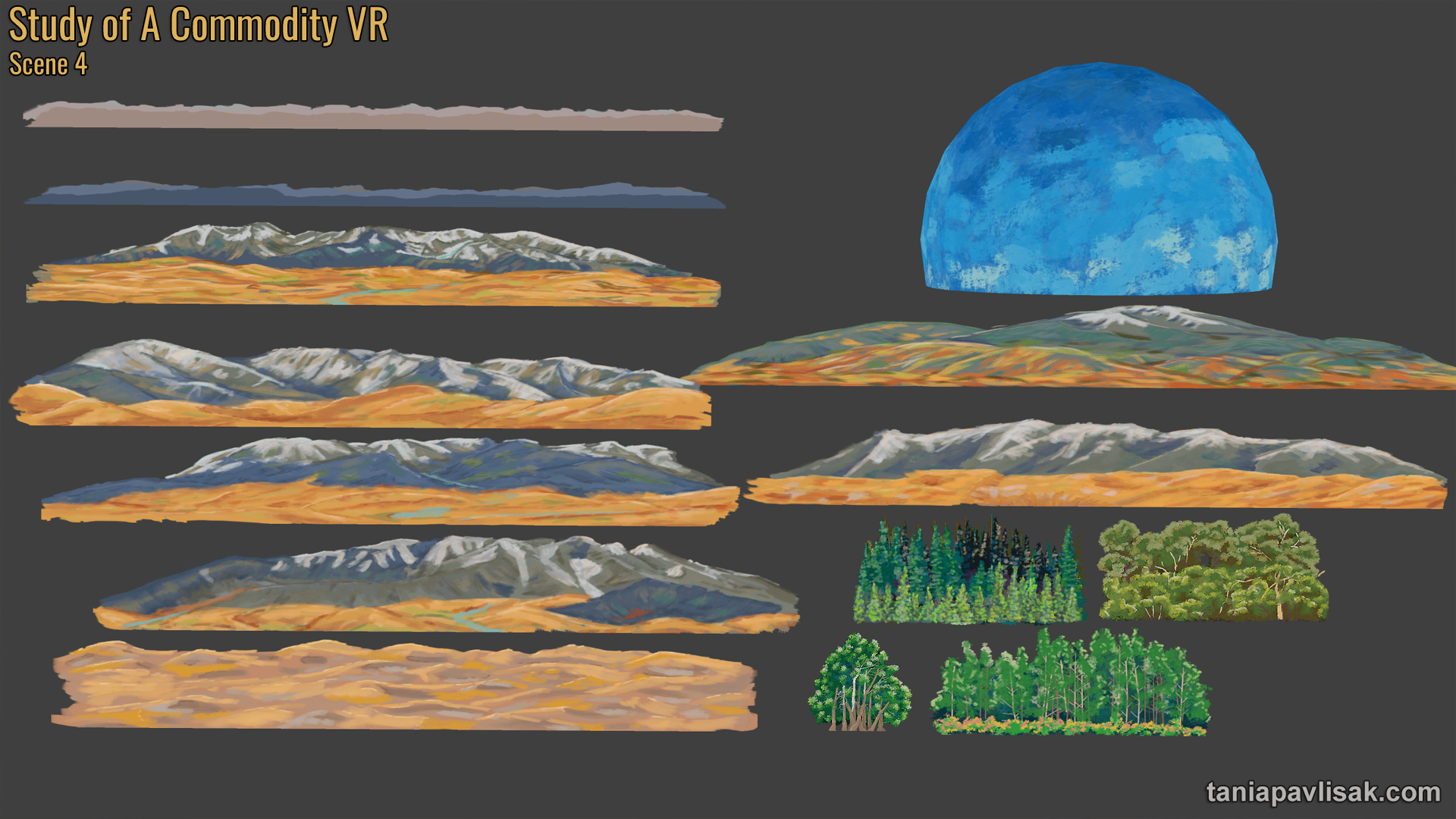 Hand-painted skybox, mountains and forests.