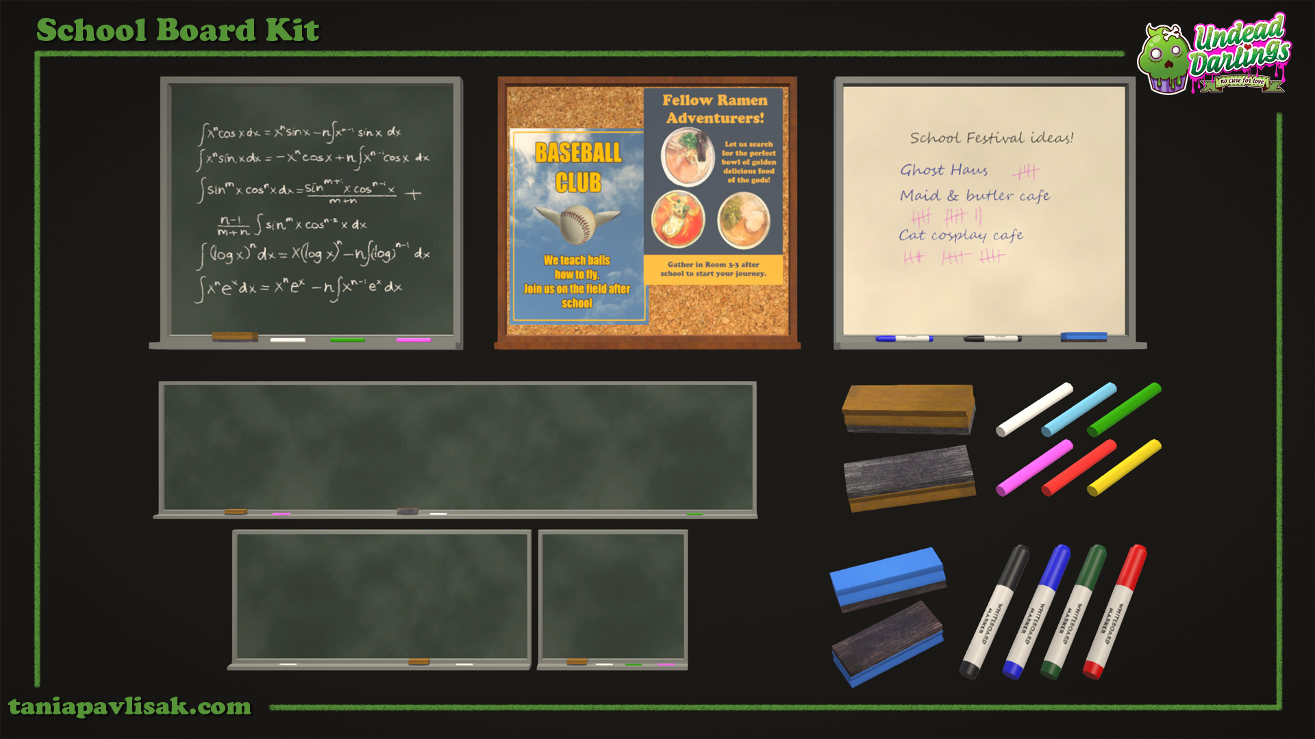 School blackboard, whiteboard, corkboard, in three different sizes and their props