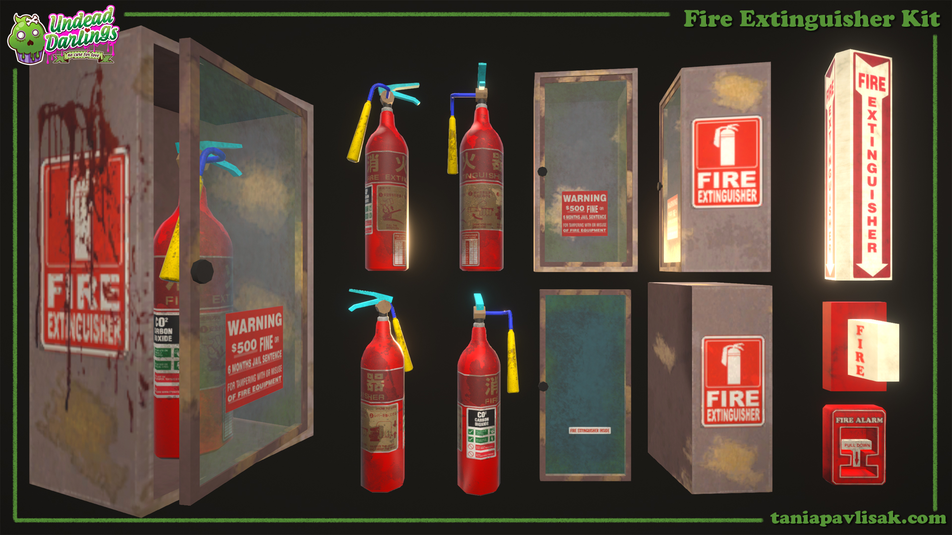 Fire extinguisher box, spray, alarm pull and light markers