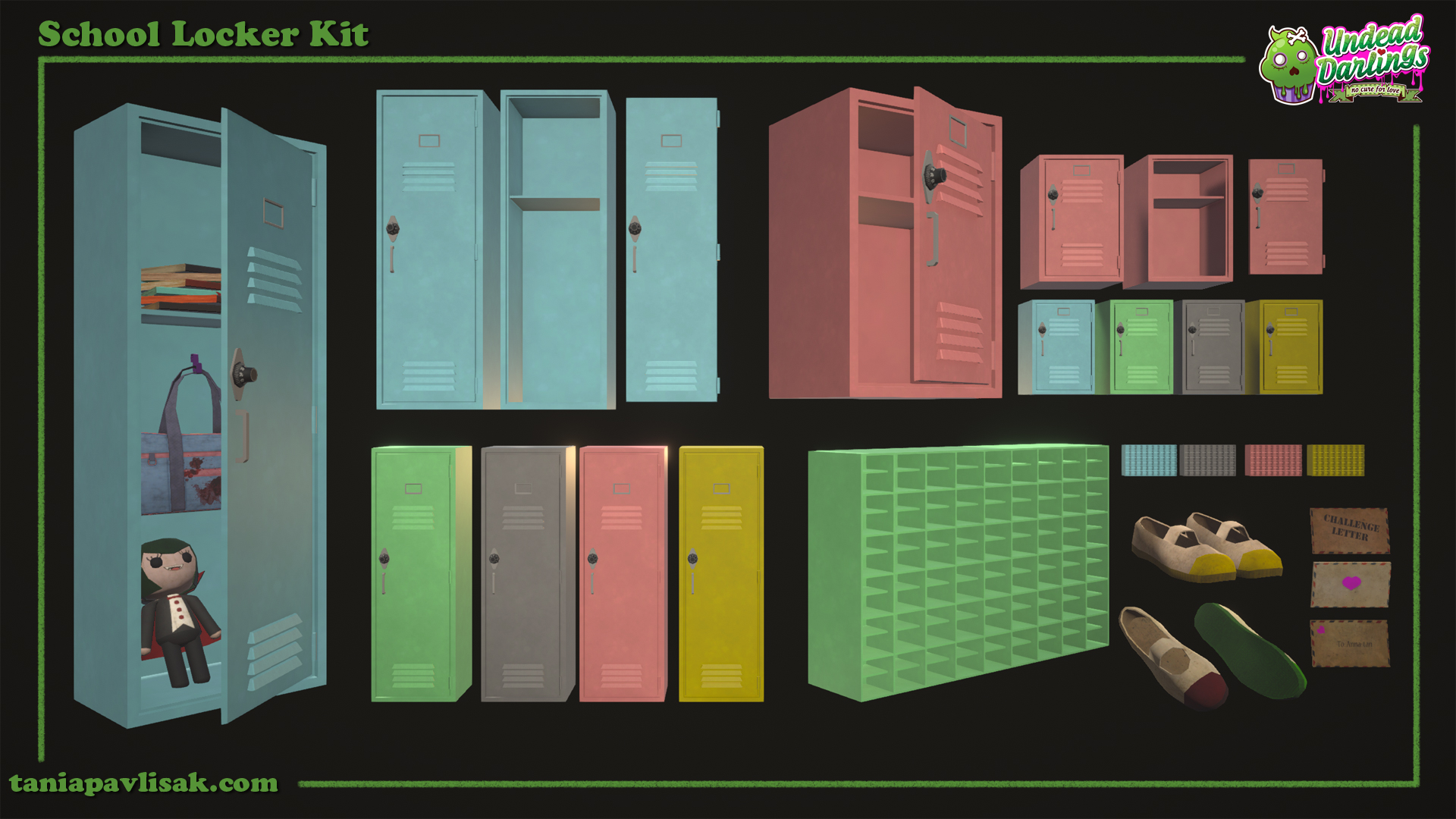 School locker variety - tall, half size, shoe locker, shoes and challenge/love letters