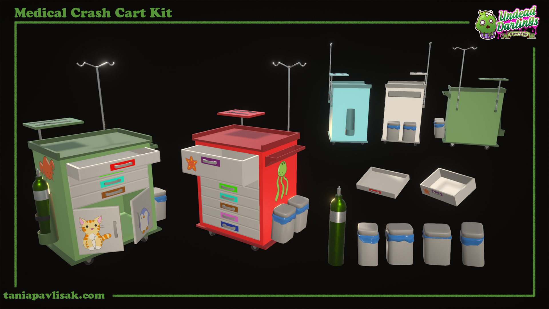 Colorful hospital crash cart, which come in 2 models. Some drawers and cabinet can be opened.